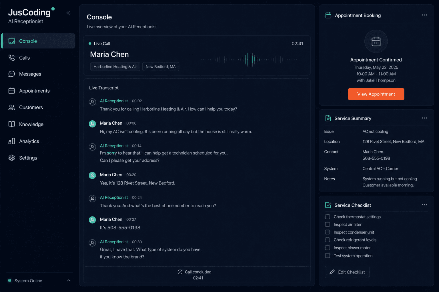 Harborline Heating & Air AI receptionist call console with live waveform and booking outcome