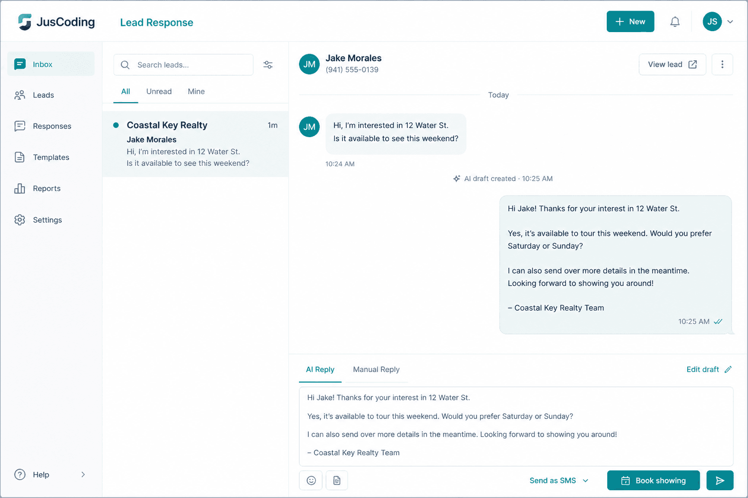 Coastal Key Realty lead response inbox showing a fast first reply to a new inquiry