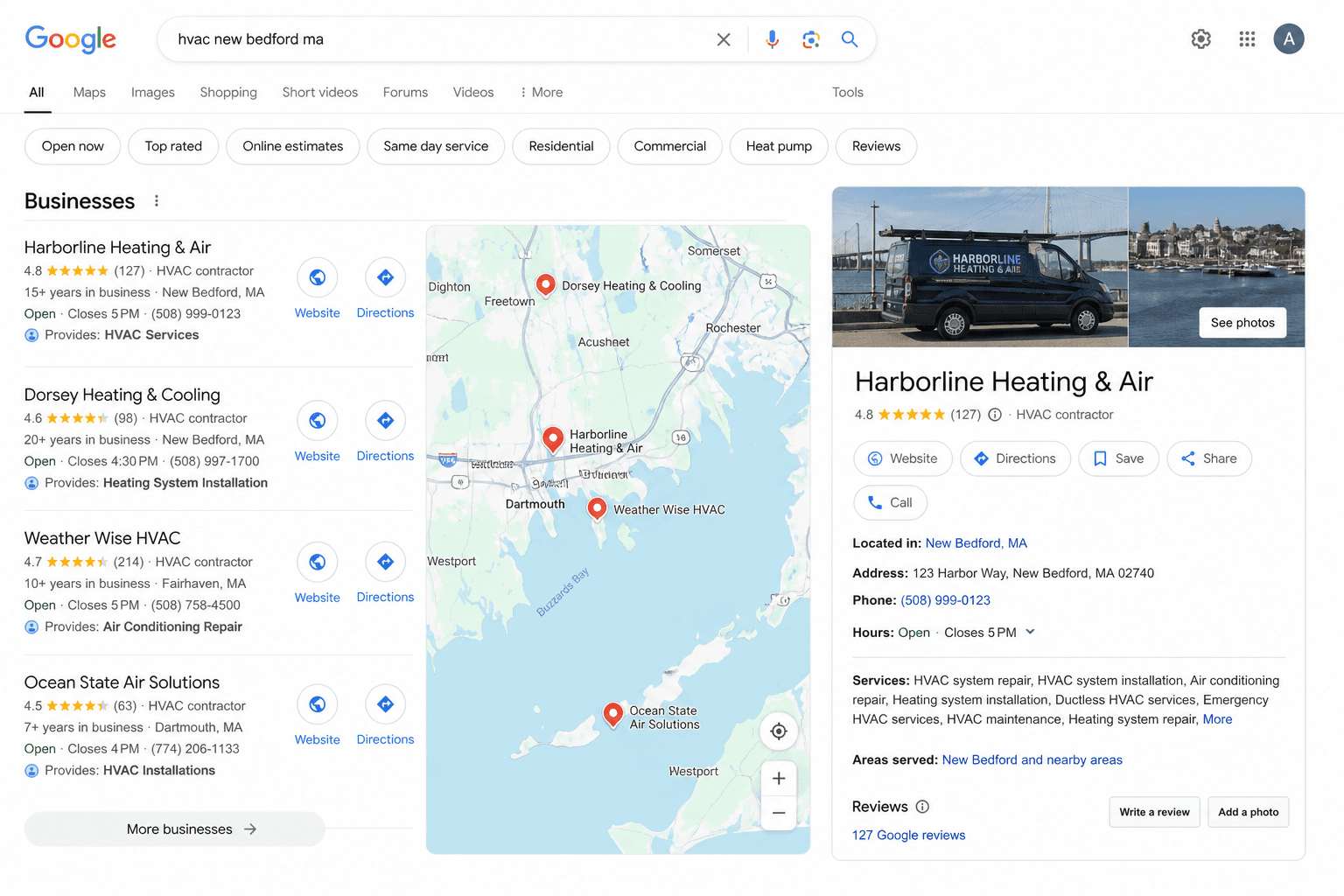 Google Business Profile and local map pack for Harborline Heating & Air