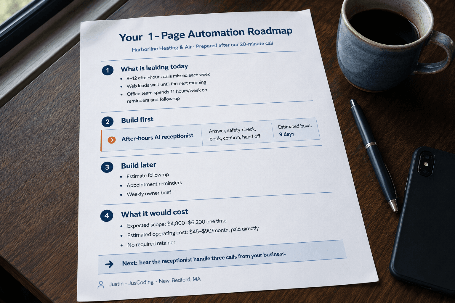Printed one-page automation roadmap on a desk beside coffee, a pen, and a phone