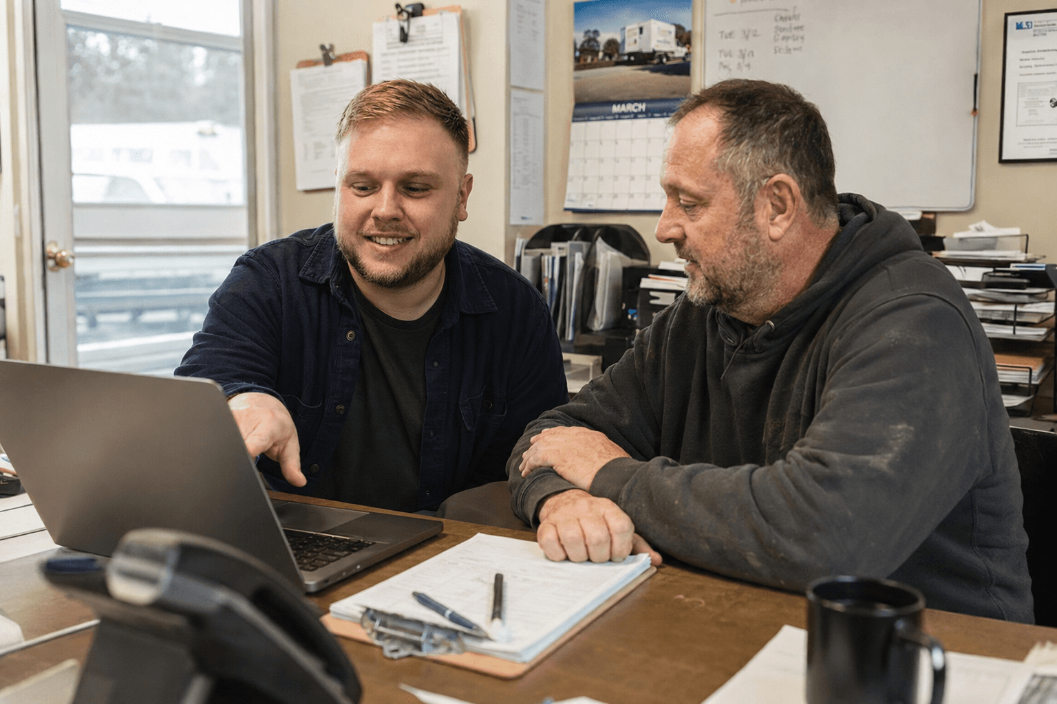 Justin Andrade consulting with a local business owner during a working session