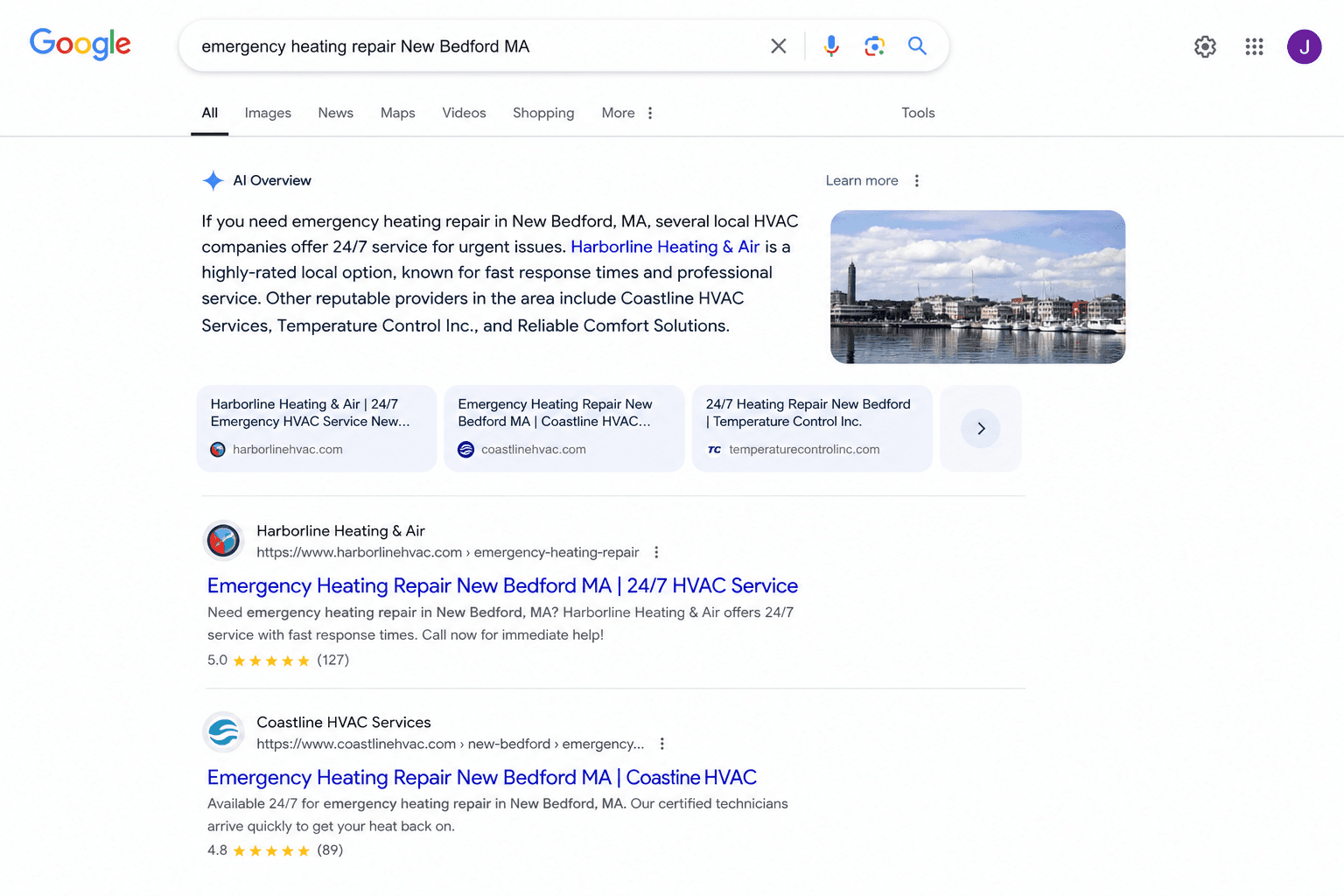 Google Search results page with an AI Overview for emergency heating repair
