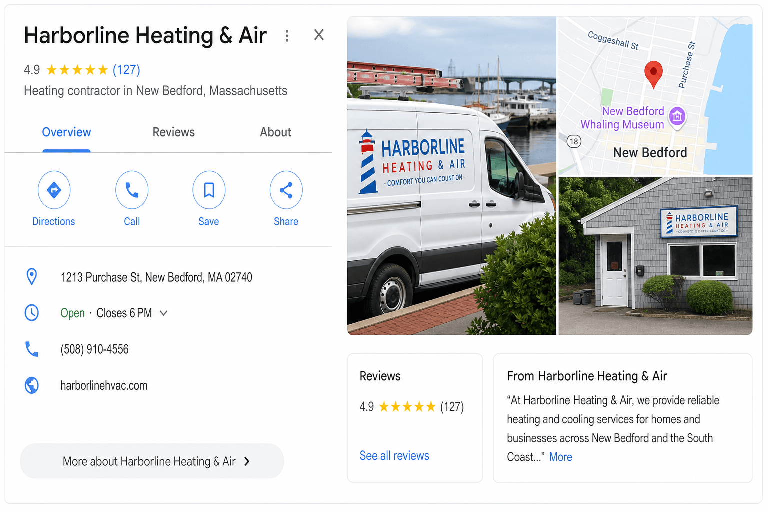 Google Business Profile knowledge panel for Harborline Heating & Air in New Bedford with ratings, hours, and map