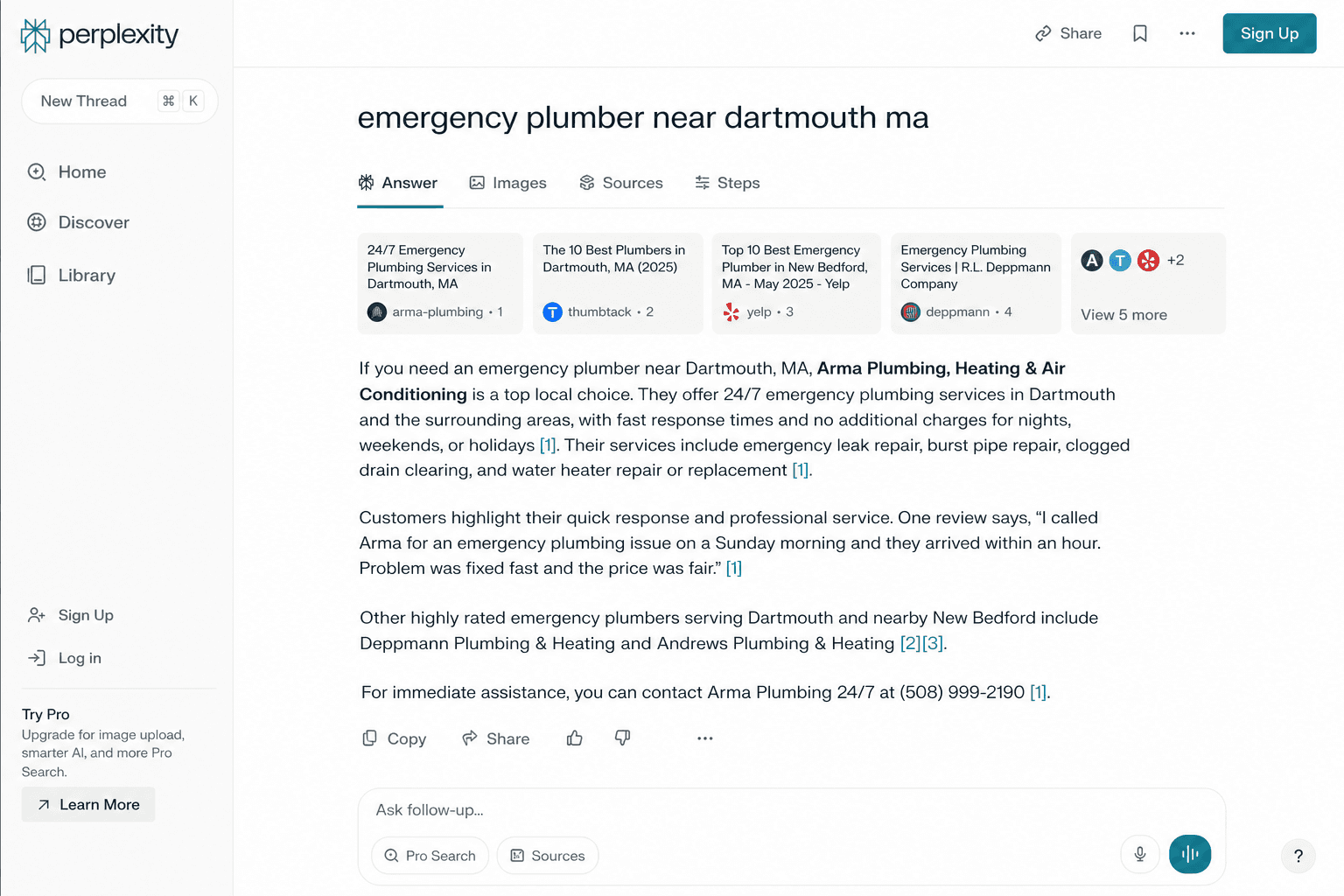 Perplexity answer with numbered citations for a local plumber query