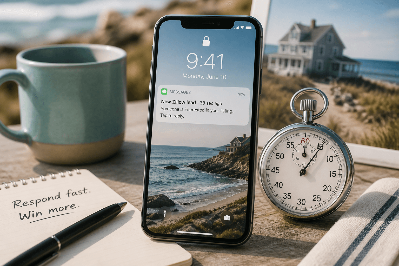 Phone showing a new real estate lead notification with a stopwatch cue
