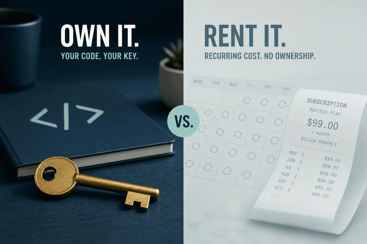 Visual metaphor for owning custom systems versus renting another SaaS tool