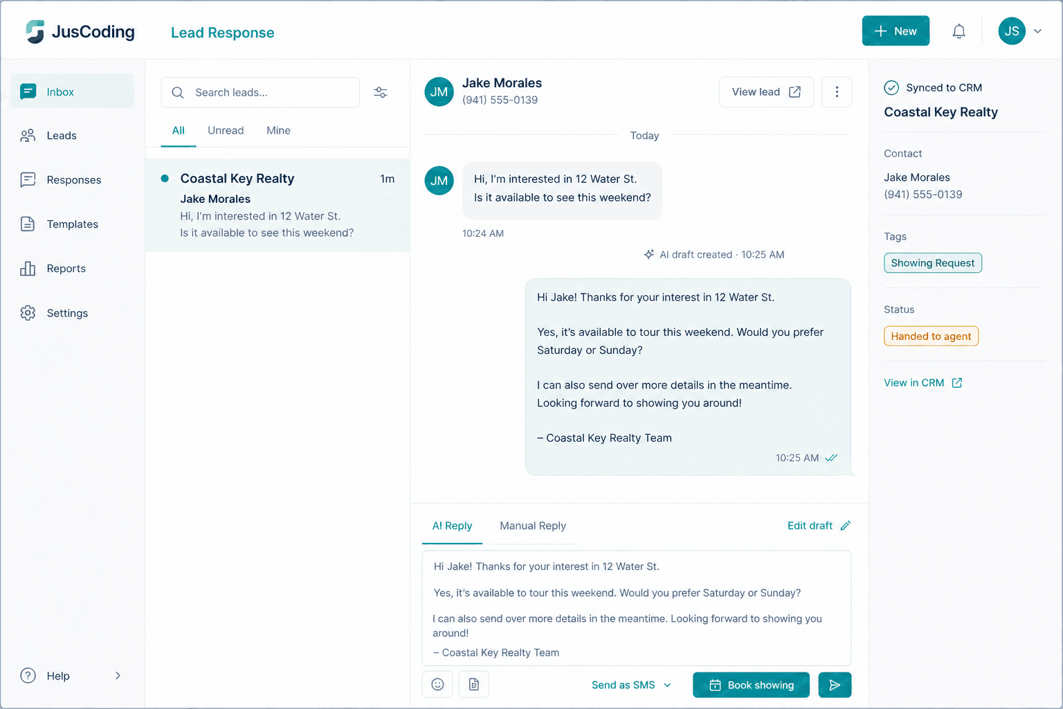 CRM lead handoff after instant SMS response for a Fall River brokerage inquiry